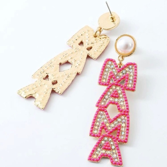 MAMA bling earrings Mother’s Day Pink Pearl beads and rhinestones drop earrings - Picture 5 of 5